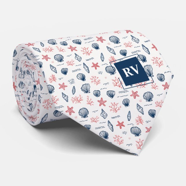 Monogrammerade nautiska skal och sjöstjärnor slips (Rullad)