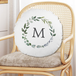 Monogrammerade salvia gröna blad grönska krans rund kudde