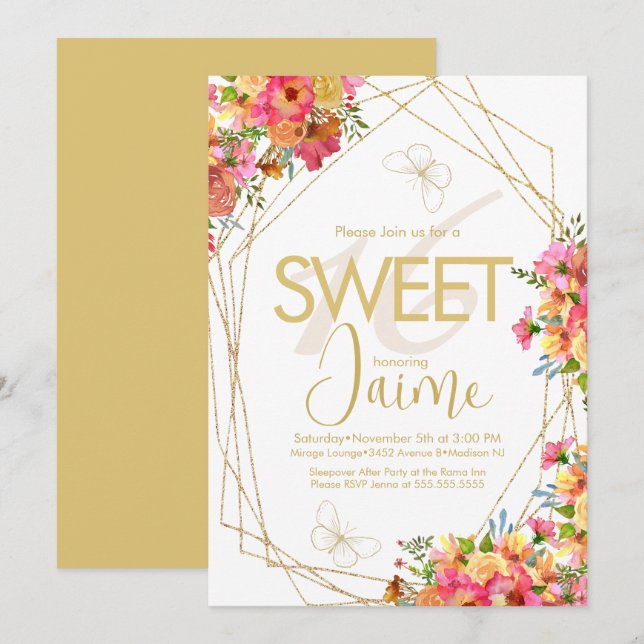 Monogrammerade Sweet 16 Blommor Trädgårdsfladdermö Inbjudningar (Fram/baksida)