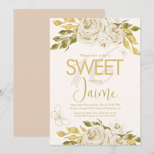 Monogrammerade Sweet 16 Elfenbensvita Rosa Blommor Inbjudningar (Fram/baksida)
