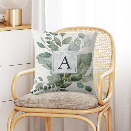 Monogrammerade tropiska gröna salvia eukalyptusbla kudde