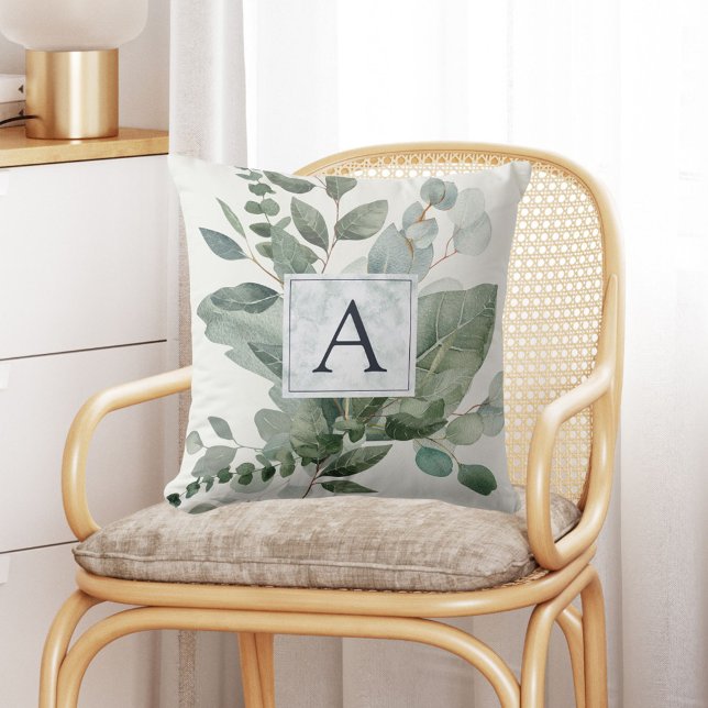 Monogrammerade tropiska gröna salvia eukalyptusbla kudde (In situ Boho interior)