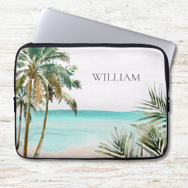 Monogrammerade tropiska palmlöv blå strand laptop fodral