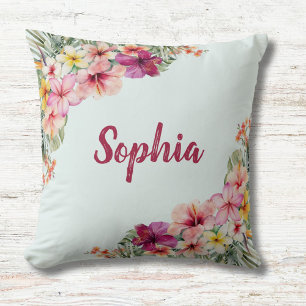 Monogrammerade tropiska rosa blommor Floral botani Kudde