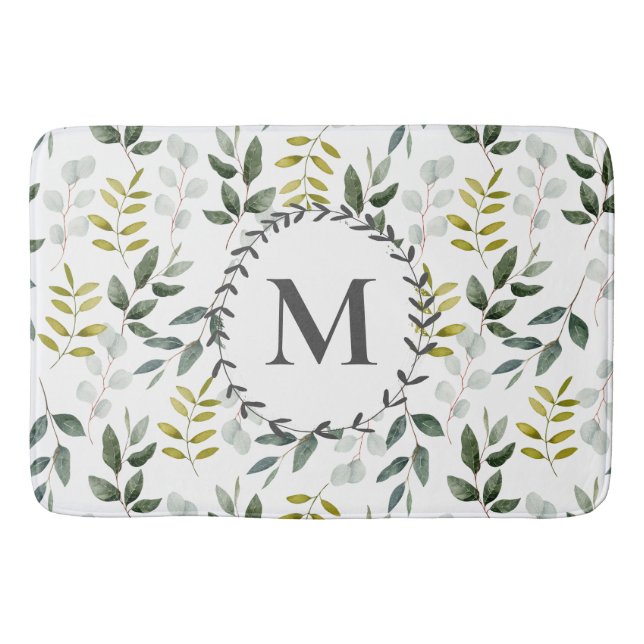 Monogrammerat Grönt Blad Vattenfärg Mönster Badrumsmatta (Framsidan)