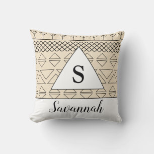 Monogrammerat namn Beige Geometriskt mönstertryck Kudde