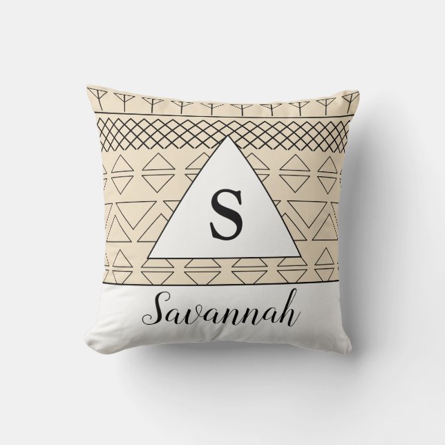 Monogrammerat namn Beige Geometriskt mönstertryck Kudde (Framsida)