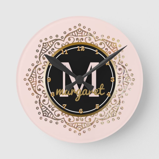 Monogrammerat Namn | Boho Mandala Rosa Guld Rund Klocka (Framsida)