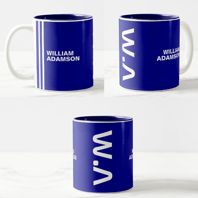 Monogrammerat namn för honom | Modern marinblå vit Två-Tonad Mugg (Navy Blue Coffee Mugs)