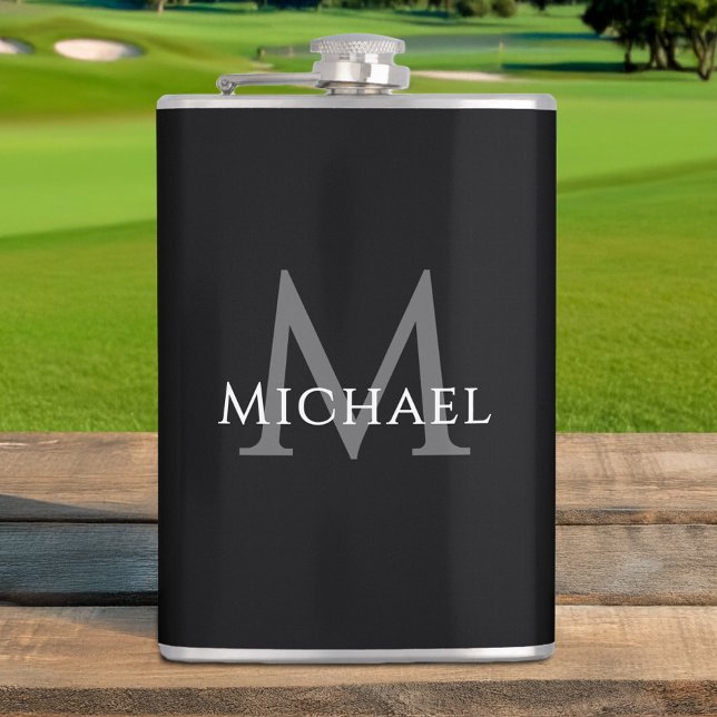 Monogrammerat namn initial svart grå anpassad fickplunta (Monogrammed Name Initial Black Gray Custom Flask)