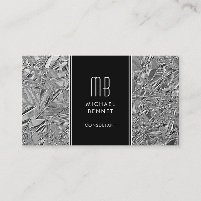 Monogrammerat silver metallisk folie visitkort (Framsida)