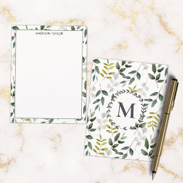 Monogrammerat Vattenfärg Mönster med Gröna Blad Anteckningskort