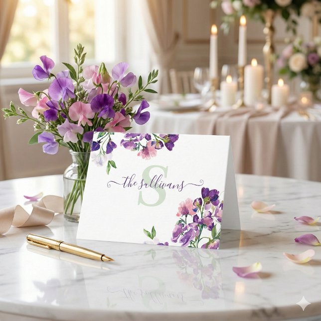 Monogrammerat vattenfärg Süßer Erbsen brevpapperko Tack Kort (These beautiful personalized sweet pea cards would make a wonderful bridal shower or wedding gift! )