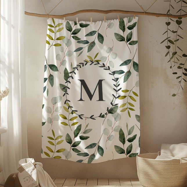 Monogrammerat Vattenfärgssmönster med Gröna Blad Fleecefilt (In situ)