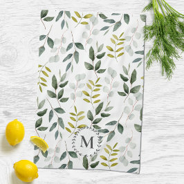 Monogrammerat Vattenfärgssmönster med Gröna Blad Kökshandduk