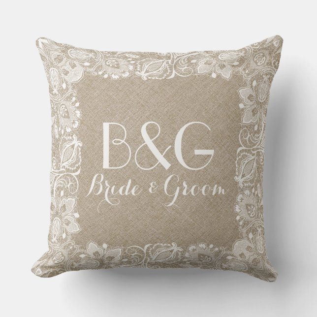 Monogrammet Beige Linen och Vita Snöre Ram Kudde (Framsida)