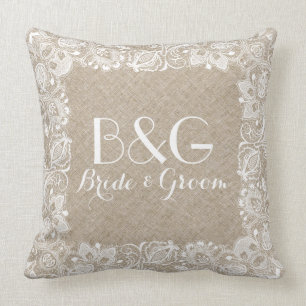 Monogrammet Beige Linen och Vita Snöre Ram Kudde