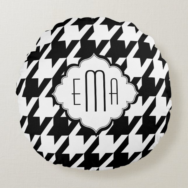 Monogrammet Black and White Houndstooth Rund Kudde (Framsidan)