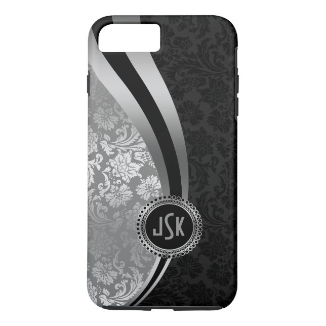 Monogrammet Black & Silver Damasks Dynamic Rand Case-Mate iPhone Skal (Baksida)