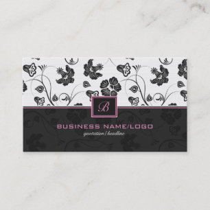 Monogrammet Black & White Retro Flowers Mönster Visitkort