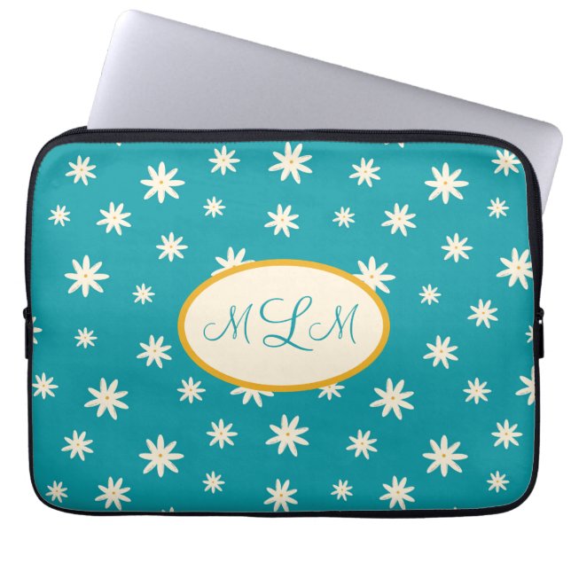 Monogrammet Blue Boho Daisy Anpassningsbar Laptop Fodral (Framsidan)