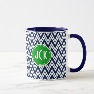 Monogrammet Blue & White Zigzag Chevron Mugg