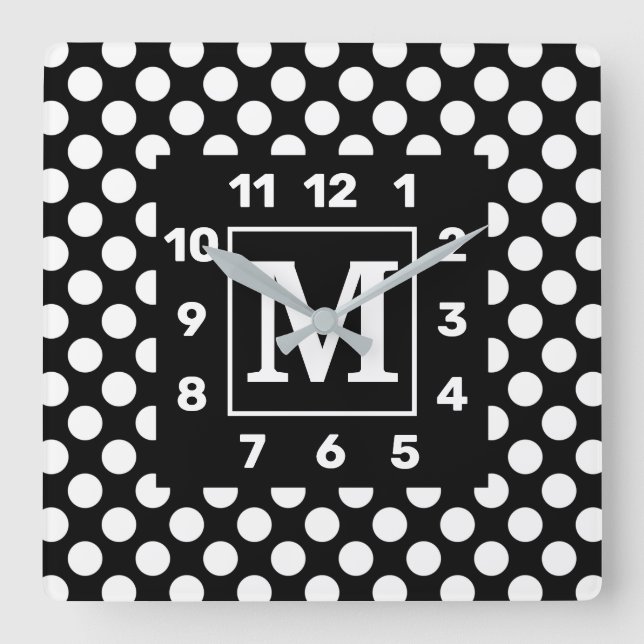 Monogrammet BW Polka-rotationskorgsklocka Fyrkantig Klocka (Framsida)