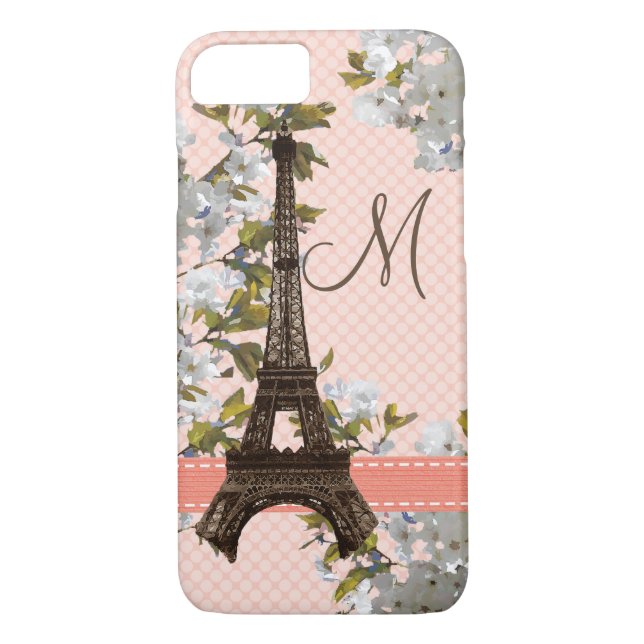 Monogrammet Cherry Blommar Eiffel Torn Case-Mate iPhone Skal (Baksida)