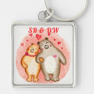 Monogrammet Cute Kärlek Bears Fyrkantig Silverfärgad Nyckelring