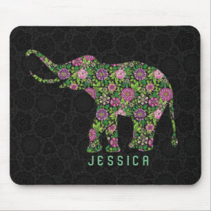 Monogrammet Elefant i färgfull Retro-Blommigt Musmatta