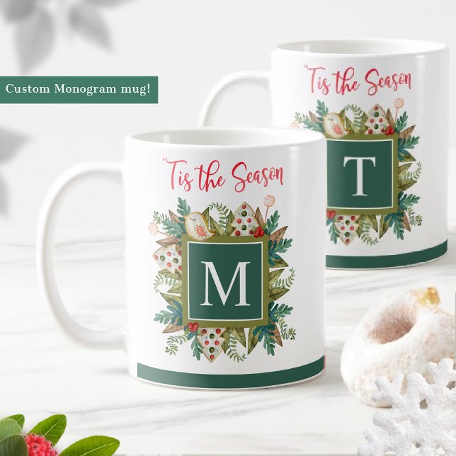 Monogrammet, Festive Greenery och Helgdag Cookies Kaffemugg (Skapare uppladdad)