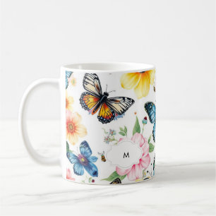 Monogrammet för botaniskt mönster blommigt med vat kaffemugg