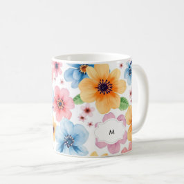 Monogrammet för botaniskt mönster blommigt med vat kaffemugg