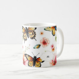 Monogrammet för botaniskt mönster blommigt med vat kaffemugg