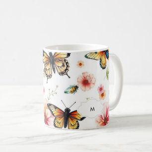 Monogrammet för botaniskt mönster blommigt med vat kaffemugg