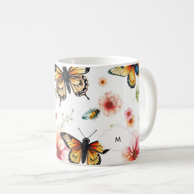 Monogrammet för botaniskt mönster blommigt med vat kaffemugg (Framsida höger)