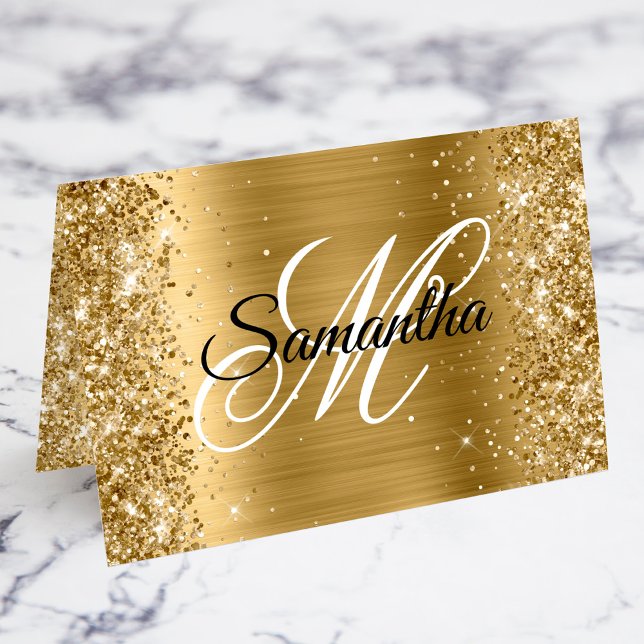 Monogrammet Glittery Guld Finare Bordsnummer (Glittery Gold Fancy Personalized Monogram Individual Place Card for your Wedding Event)