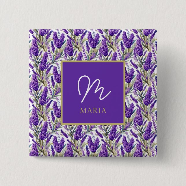 Monogrammet Lila Lavender Mönster Knapp (Framsida)