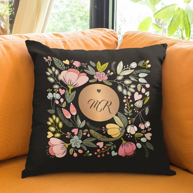 Monogrammet lyx guld blommigt rosa svart kudde (Skapare uppladdad)