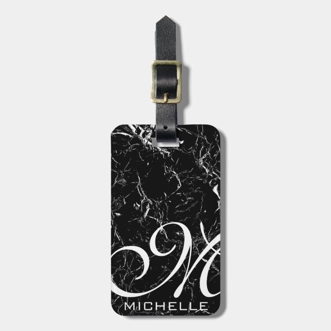 Monogrammet Marcular Black Script Bagagebricka (Vertikal Framsida)