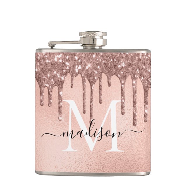 Monogrammet metallisk roséguld rosa glitterdroppar fickplunta (Framsidan)