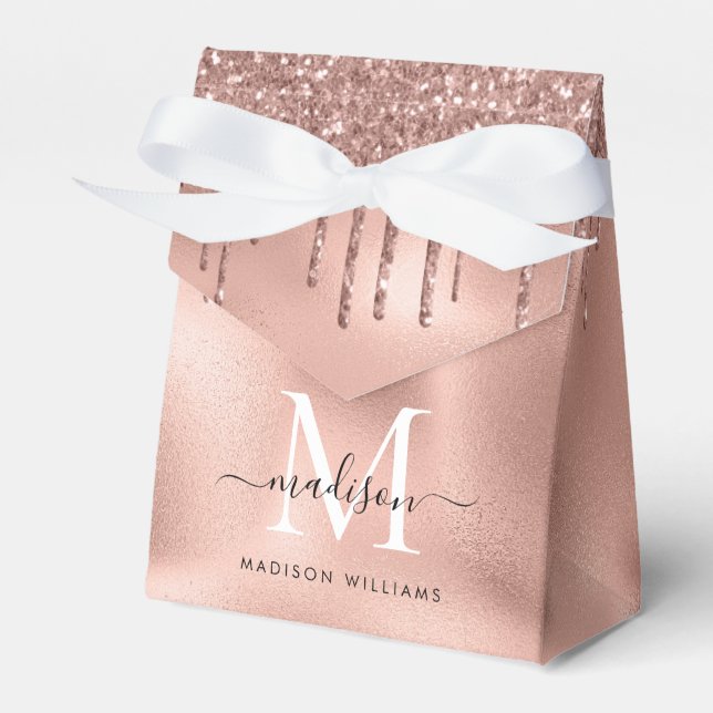 Monogrammet metalliskt rosa guld rosa glitterdropp presentaskar (Framsidan Sidan)