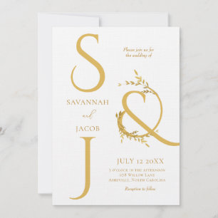 Monogrammet Minimalistiskt Vitt och Guld Modern Br Inbjudningar