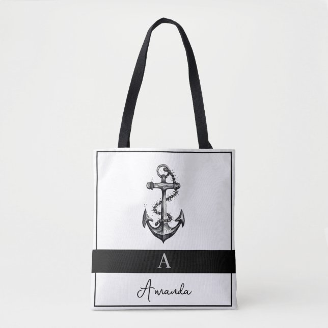 Monogrammet Modern Black och Grått Nautical Anchor Tygkasse (Framsida)
