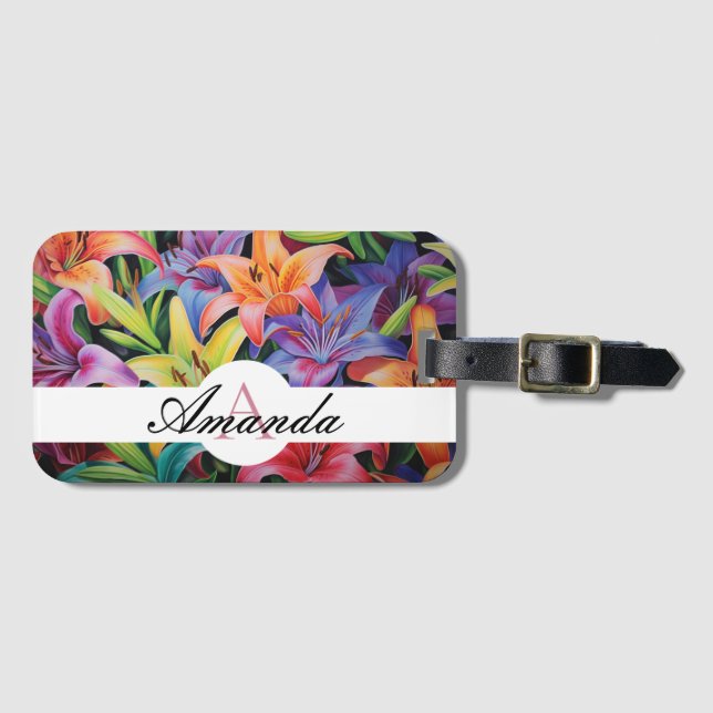 Monogrammet Oil Pastel Colorful Lily Leafy Mönster Bagagebricka (Framsida horisontal)
