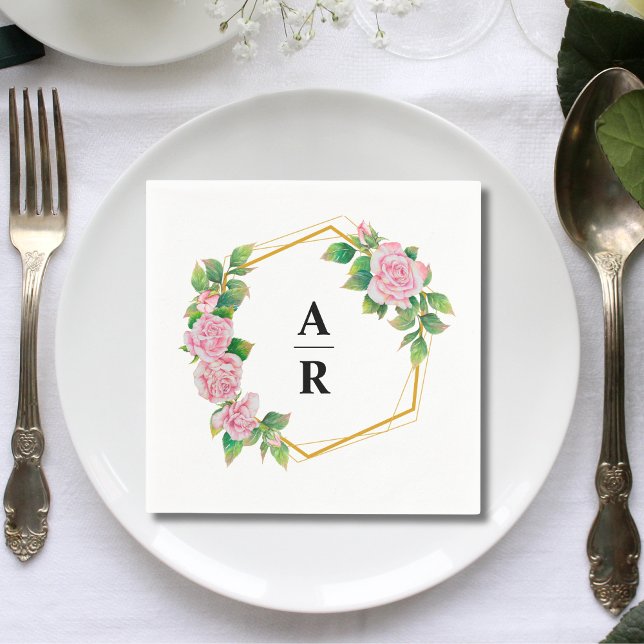 Monogrammet rosa ros Guld Geometric Ram Bröllop Pappersservett (Skapare uppladdad)