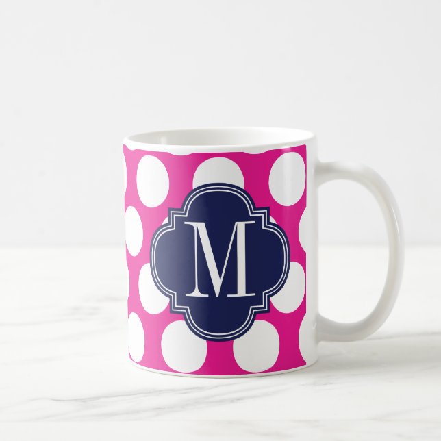 Monogrammet Shock rosa och marinskt stort Polka do Kaffemugg (Höger)