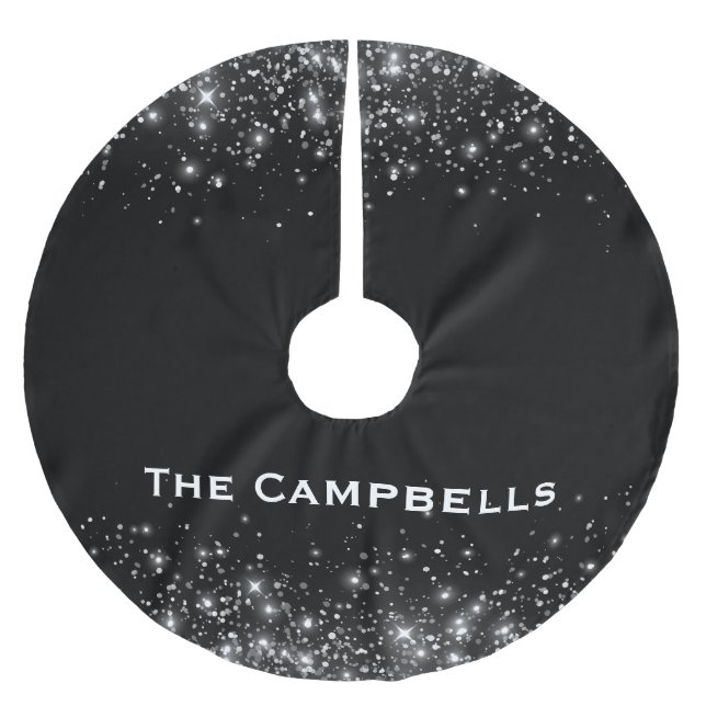 Monogrammet silver Glitter och Black Elegant Julgransmatta Borstad Polyester (Framsidan)