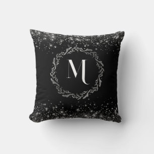 Monogrammet silver Glitter och Black Elegant Kudde