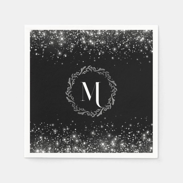 Monogrammet silver Glitter och Black Elegant Pappersservett (Framsidan)